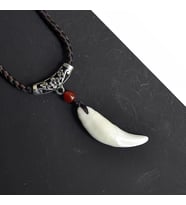 Doğal Tibet Beyaz Kurt Dişi Kolye Ayarlı Örgü İpli Metal Charm Boncuklu (Turkuaz)