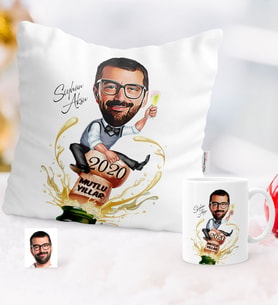 BK Gift Kişiye Özel Yılbaşı Temalı Bay Karikatürlü Yastık Kupa Seti - 6