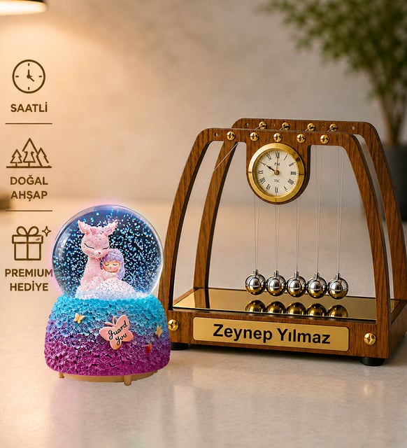 Kişiye Özel Saatli Masa Üstü Newton Denge Topları & Ceylanım Benim Işıklı Kar Küresi Ofis İş Hediyesi