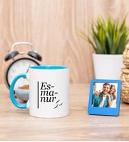İsme Özel Heceli Mavi Kupa Bardak ve Mavi Mini Fotoğraf Çerçevesi