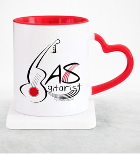 BK Gift Kişiye Özel Mesleki Bas Gitarist Kırmızı Kalpli Kupa Bardak  1