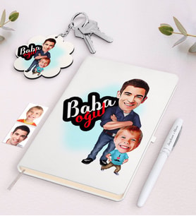 BK Gift Kişiye Özel Baba Oğul Karikatürlü Beyaz Defter Kalem ve Anahtarlık Hediye Seti-5 (Model 1)