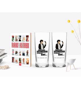 BK Gift Kişiye Özel Renkli Baskılı Hangimiz Sevmedik Çılgınlar Gibi Silüet Tasarımlı İkili Rakı Bardağı ve Rakı Cep Kitabı Hediye Seti-8 (Model 1)
