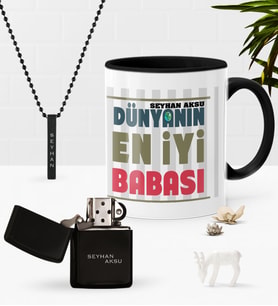 BK Gift Kişiye Özel Dünyanın En İyi Babası Siyah Kupa Benzinli Çakmak Kolye Seti-1 (Model 1)
