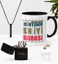 BK Gift Kişiye Özel Dünyanın En İyi Babası Siyah Kupa Benzinli Çakmak Kolye Seti-1 (Model 1)