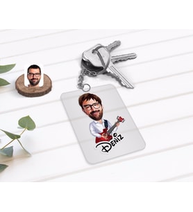 BK Gift Kişiye Özel Erkek Gitrist Karikatürlü Şeffaf Pleksi Anahtarlık-2 (Beyaz)