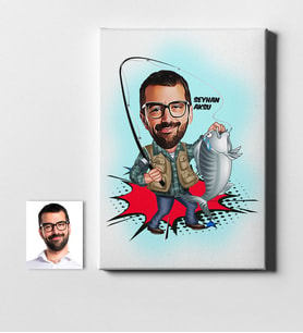 BK Gift Kişiye Özel Bay Balıkçı Karikatür Kanvas Tablo 50x70cm 1