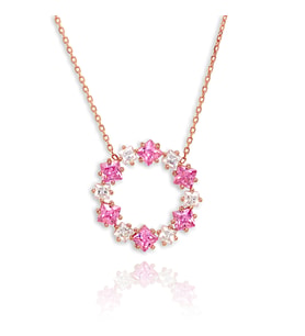 Pembe ve Beyaz Kare Kesim Taşlı Halka Model Rose Kaplama Gümüş Kolye