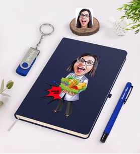 BK Gift Kişiye Özel Kadın Diyetisyen Karikatürlü Lacivert Defter Kalem 32gb USB Bellek Hediye Seti-1 (Model 1)