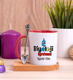 Biyoloji Öğretmeni Ahşap Altlıklı Kırmızı Kupa Bardak