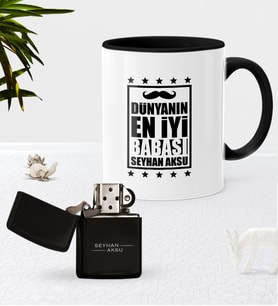 BK Gift Kişiye Özel Dünyanın En İyi Babası Siyah Kupa Bardak Benzinli Metal Çakmak Seti-5 (Model 1)