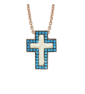 Rose Gümüş Firuze Renk Taşlı Cross Kolye