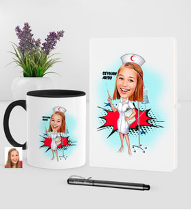 BK Gift Kişiye Özel Hemşire Karikatürlü Beyaz Defter Kalem Kupa Seti - 2 (Model 1)