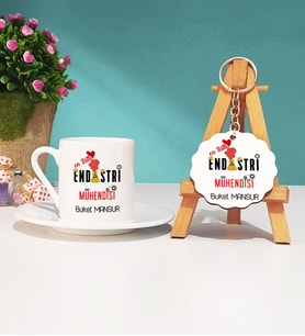 Mesajlı Endüstri Mühendisi Tasarımlı Kişiye Özel Endüstri Mühendisi Türk Kahvesi Fincanı ve Anahtarlık Hediye Seti