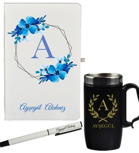 Kişiye Özel Şık Çiçek Tasarımlı Hediye Defter Kalem Ve Siyah Termos Mug Seti