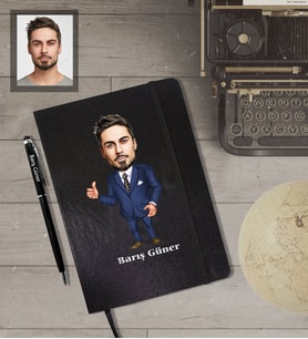 Kişiye Özel Öğretmen KarikatürlüSiyah Defter Kalem Hediye Seti  Bay-11
