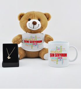Seni Seviyorum Baskılı Peluş Ayıcık Kupa Ve Kolye
