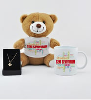 Seni Seviyorum Baskılı Peluş Ayıcık Kupa Ve Kolye