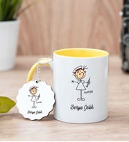 Hemşire Karikatürü Sarı Kupa Bardak Ve Anahtarlık Set