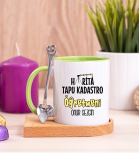 Harita Tapu Kadastro Öğretmeni Ahşap Altlıklı Yeşil Kupa Bardak