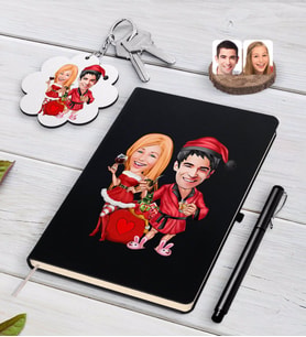 BK Gift Kişiye Özel Yeni Yıl Sevgililer Karikatürlü Siyah Defter Kalem ve Anahtarlık Hediye Seti-5 (Model 1)