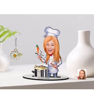 BK Gift Kişiye Özel Kadın Chef Karikatürlü 3D Ahşap Biblo ve İsimli Gold Papatya Anahtarlık-1 (Model 1)
