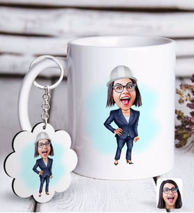 BK Gift Kişiye Özel Bayan Mühendis Karikatürlü Beyaz Kupa ve Anahtarlık Hediye Seti (Model 1)