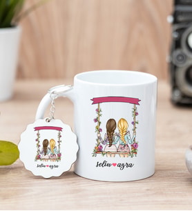 Best Friends Salıncak Tasarım Beyaz Kupa Bardak ve Anahtarlık Set