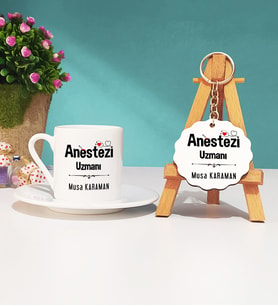 Anestezi Uzmanı Tasarımlı Kişiye Özel Hediye Anestezi Uzmanı Türk Kahvesi Fincanı ve Anahtarlık Seti