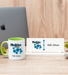 Makine Teknisyeni Yeşil Kupa Bardak Ve Masa İsimliği Hediye Seti