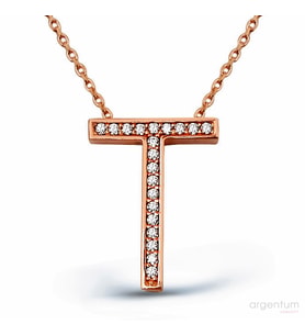 Zirkon Taşlı Gümüş T Harfi Kolye - N091201 (Rose)