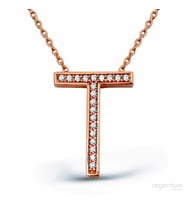 Zirkon Taşlı Gümüş T Harfi Kolye - N091201 (Rose)
