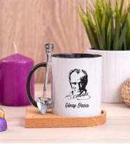 Atatürk Siluetli Ahşap Altlıklı Siyah Kupa Bardak