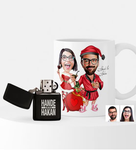BK Gift Kişiye Özel Yılbaşı Temalı Sevgililer Karikatürlü Çakmak ve Kupa Seti - 5