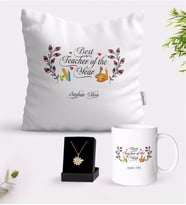 BK Gift Kişiye Özel Yılın En İyi Öğretmeni Beyaz Kupa Yastık ve İsimli Papatya Kolye Hediye Seti-1 (Model 1)