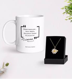 BK Gift Kişiye Özel Atatürk Öğretmen Beyaz Kupa ve Papatya Kolye Hediye Seti-1 (Model 1)