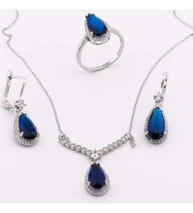 925 Ayar Gümüş Mavi Zirkon Taşlı Damla Model Bayan Set