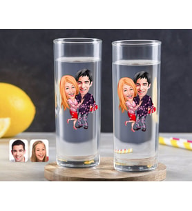 BK Gift Kişiye Özel Renkli Baskılı Sevgililer Karikatürlü İkili Vodka Bardağı-2 (Beyaz)
