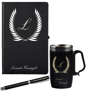 Kişiye Özel Hazırlanmış Hediye Siyah Defter Kalem Ve Termos - Mug Seti