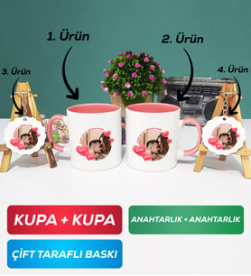 İkili Pembe Sevgiliye Sevgililer Günü Hediyesi 8 Kupa Bardak Anahtarlık