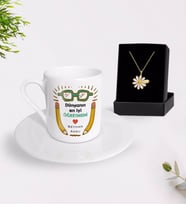 BK Gift Kişiye Özel Dünyanın En İyi Öğretmeni Türk Kahvesi Fincanı ve İsimli Papatya Kolye Hediye Seti-22 (Model 1)