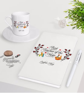 BK Gift Kişiye Özel Yılın En İyi Öğretmeni Beyaz Defter Kalem Türk Kahvesi Fincanı Seti-1 (Model 1)