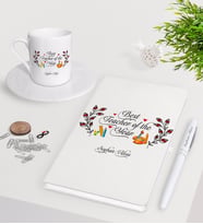 BK Gift Kişiye Özel Yılın En İyi Öğretmeni Beyaz Defter Kalem Türk Kahvesi Fincanı Seti-1 (Model 1)