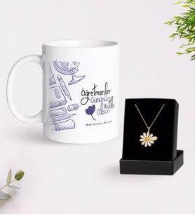 BK Gift Kişiye Özel Öğretmenler Günümüz Kutlu Olsun Beyaz Kupa ve Papatya Kolye Hediye Seti-6 (Model 1)