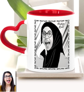 BK Gift Kişiye Özel Türbanlı Karikatürlü Kırmızı Kalpli Kupa Bardak 40756