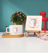 Unicorn Tasarımlı Kişiye Özel Hediye Unicorn Ahşap Altlıklı Fincan ve Dekoratif Taş Baskı Seti
