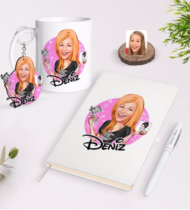 BK Gift Kişiye Özel Kadın Dövme Sanatçısı Karikatürlü Beyaz Defter Kalem Kupa ve Anahtarlık Hediye Seti-1 (Model 1)