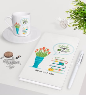 BK Gift Kişiye Özel Öğretmenler Günümüz Kutlu Olsun Beyaz Defter Kalem Türk Kahvesi Fincanı Seti-3 (Model 1)