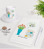 BK Gift Kişiye Özel Öğretmenler Günümüz Kutlu Olsun Beyaz Defter Kalem Türk Kahvesi Fincanı Seti-3 (Model 1)