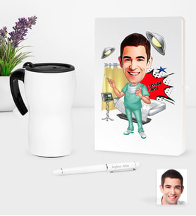 BK Gift Kişiye Özel Bay Cerrah Karikatürlü Beyaz Defter Kalem ve Termos Mug Seti - 1 (Model 1)